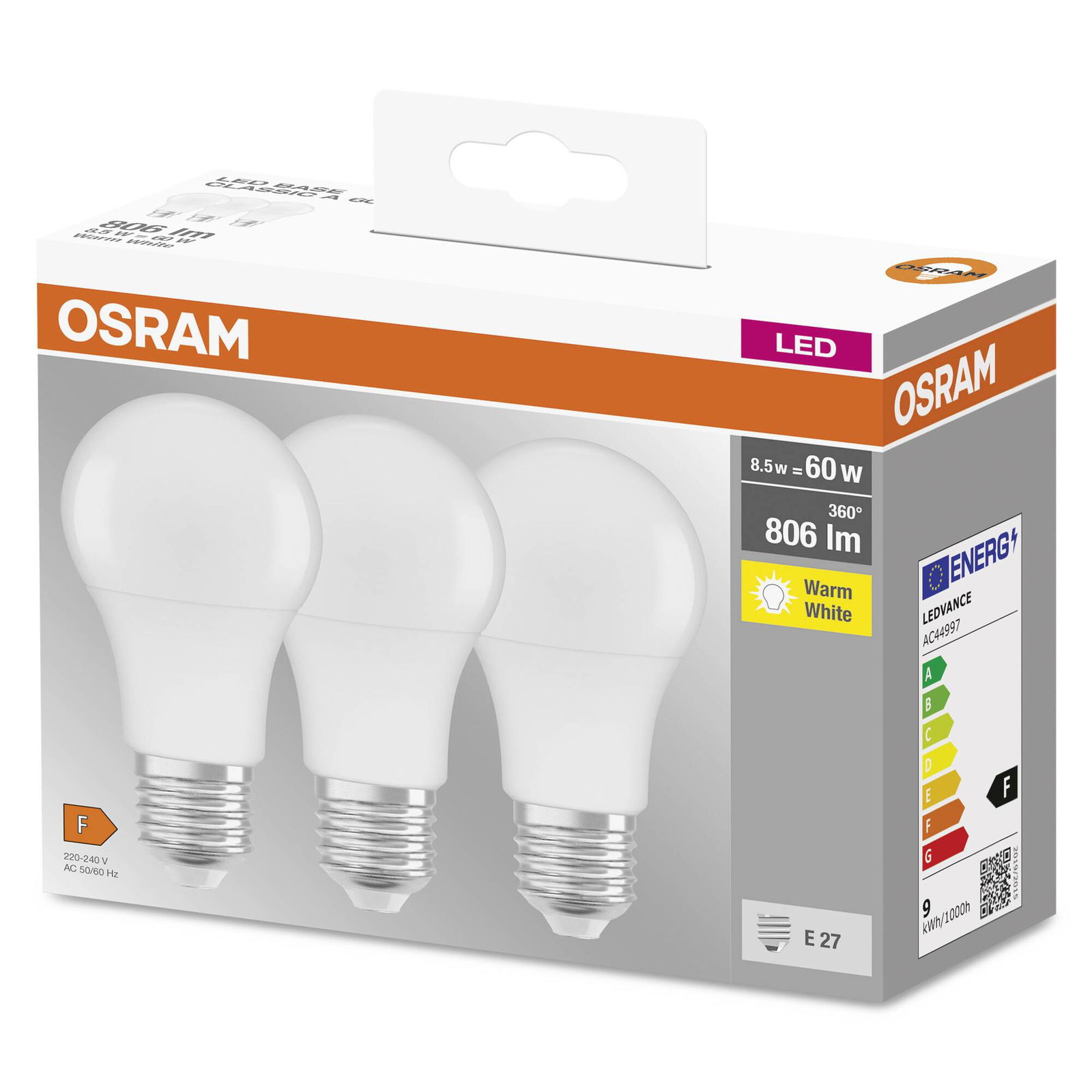 LED lemputės OSRAM Base Classic, E27, A60, 8,5W, 2700K, 806 lm, non-dim, 3 vnt