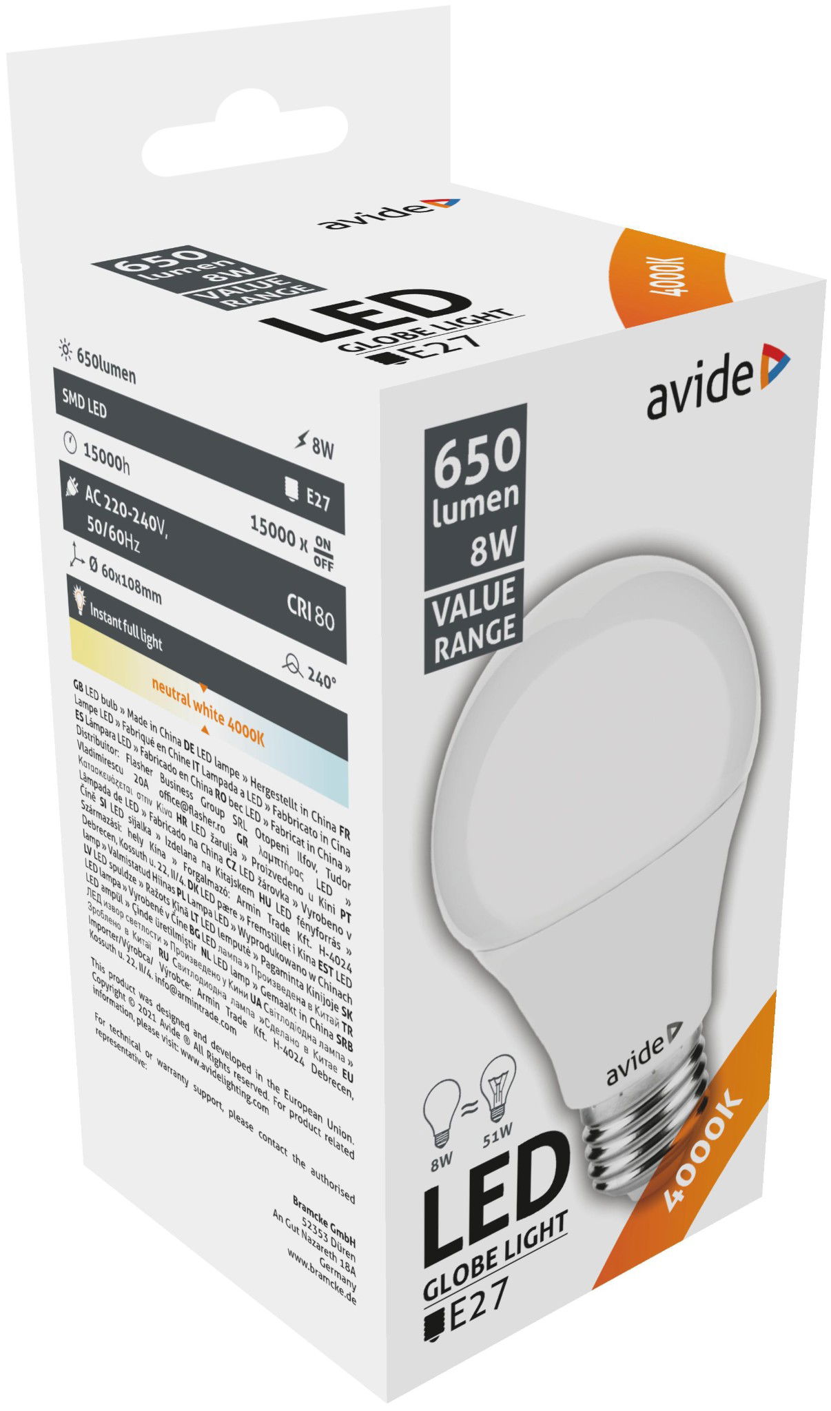 LED lemputė AVIDE, E27, A60, 8W (=51W), 4000K, 220-240V, 650 lm