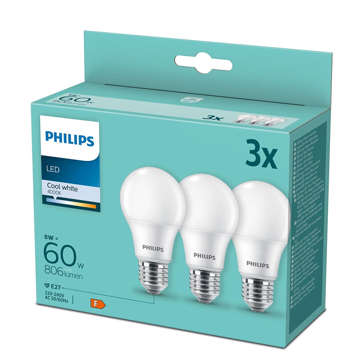 LED lemputė PHILIPS A60, 8W (=60W), E27, 4000K, 806 lm, NON-DIM, šaltai baltos spalvos, 3vnt.