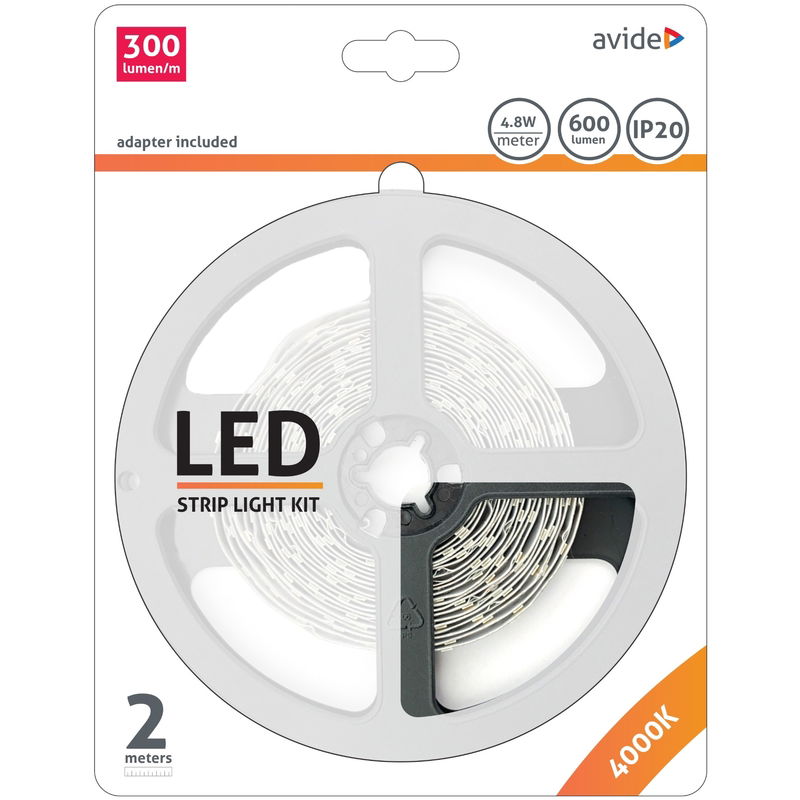 LED juostos komplektas AVIDE, IP20, RGB, 24W, 4000K ,960lm, komplekte adapteris iš 220V į 12V, 2m