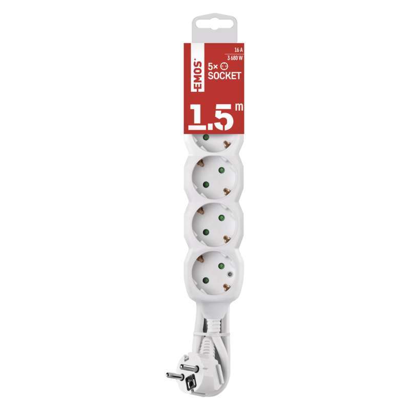 Ilgiklis EMOS, 5 lizdai, 1,5 m, H05VV-F3G 1.5 mm², baltos sp.
