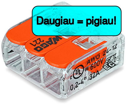 Laidų jungtis WAGO, 3 x 0,02 - 4 mm, 32 A, baltos sp., 50 vnt.