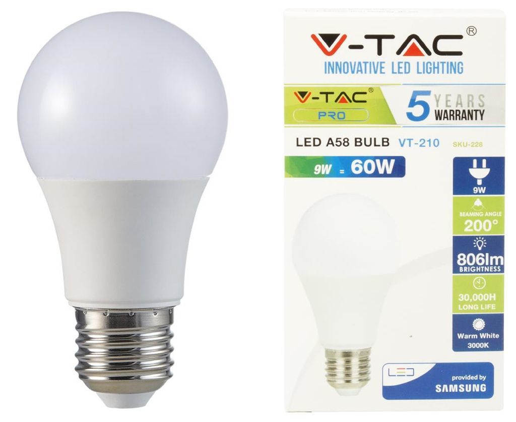 Šviesos diodų lemputė V-TAC, A60, 9 W, E27, 806 lm, 3000K