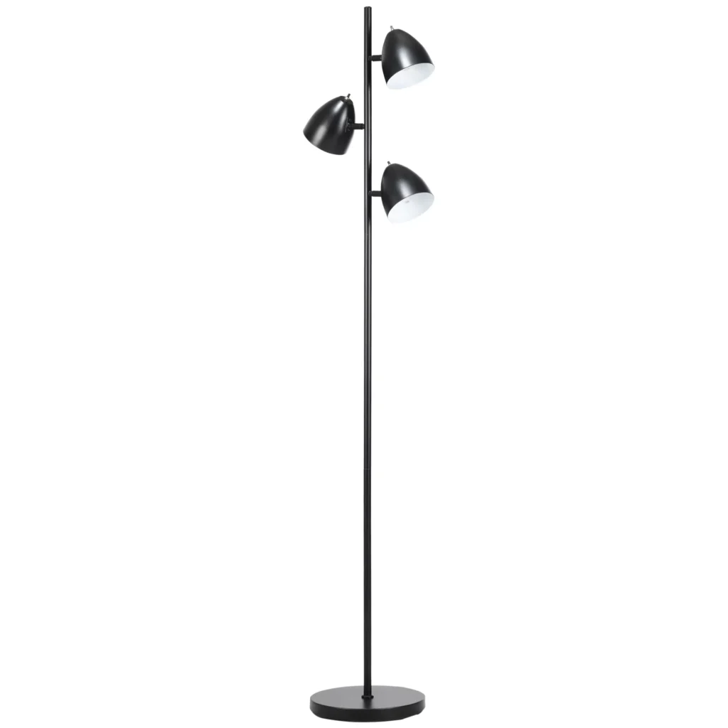 HOMCOM Pramoninio stiliaus grindų lempa svetainei su 3 reguliuojamais metaliniais gaubtais, pagaminta iš plieno 38 x 28 x 169 cm Juoda