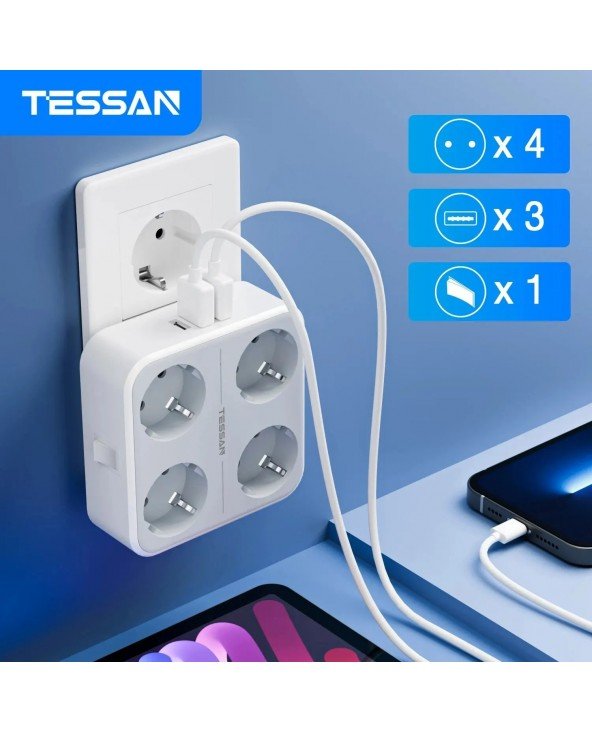 USB sieninio lizdo ilgintuvas su 4 kintamosios srovės lizdais +3 USB prievadais, 5 V 2,4 A adapteris, 7 viename