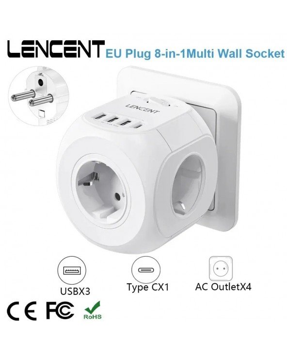 ES kištuko sieninio lizdo ilgintuvas su 4 kintamosios srovės lizdais + 3 USB + 1 C tipo 5V/3A įkrovikliu, 8 viename lizdų įjungi