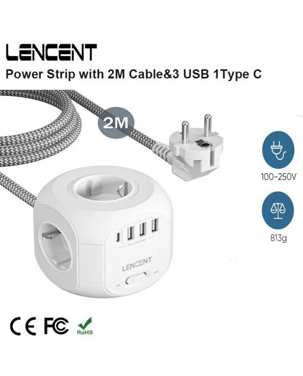 ES kištuko maitinimo lizdas su 4 kintamosios srovės lizdais, 3 USB prievadais, 1 C tipo 2M/3M pintas kabelis, daugiafunkcis