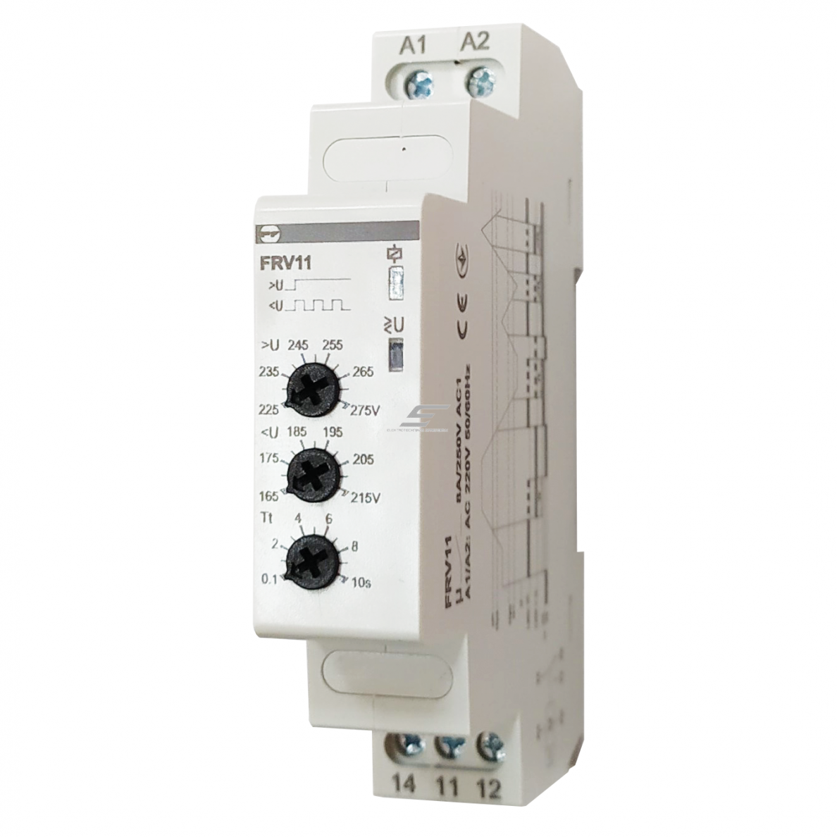 Vienos fazės įtampos kontrolės relė, uždelsimas 0.1-10 s. 150-275V AC, 50/60 Hz