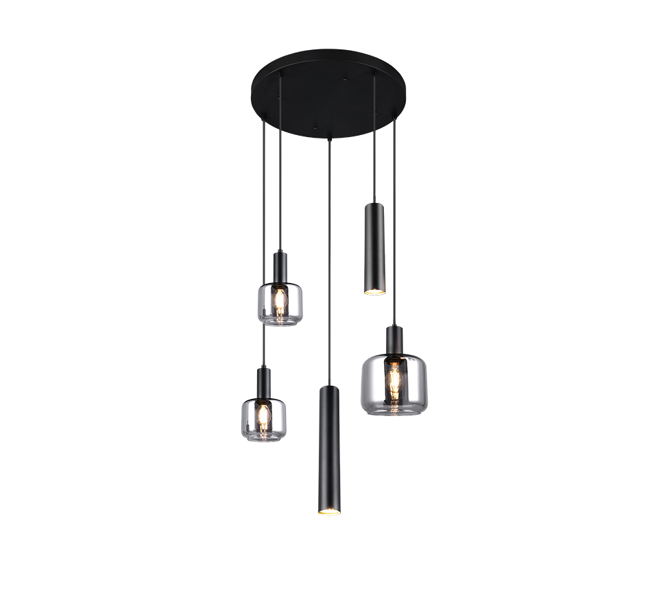Pakabinamas šviestuvas TRIO MATARO, 1xE27, 2xE14, 2xGU10, metalinis juodos sp Ø40x150cm