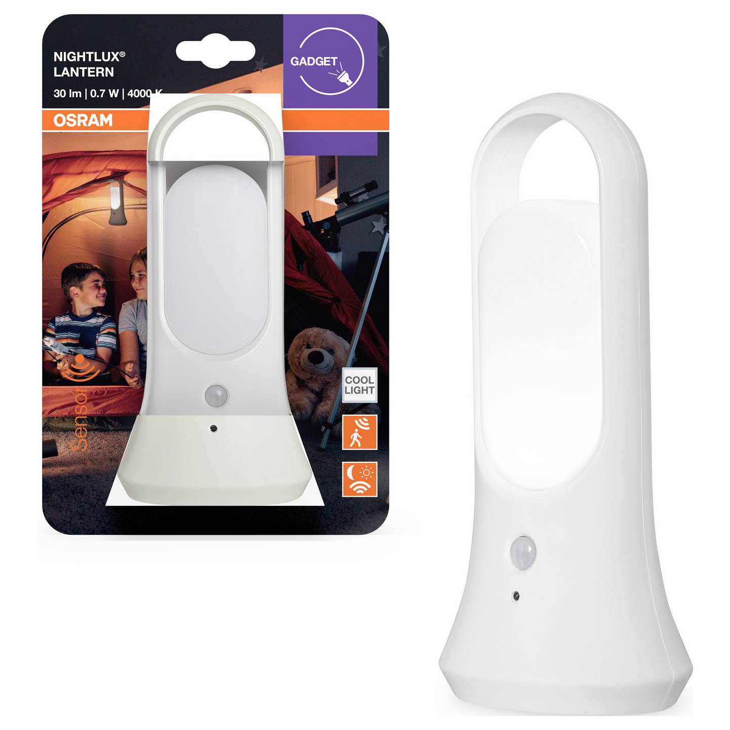 LED stovyklavimo žibintas OSRAM NIGHTLUX MOBILE LATERN 0,7W 30lm 4000K 4xAAA, daviklis