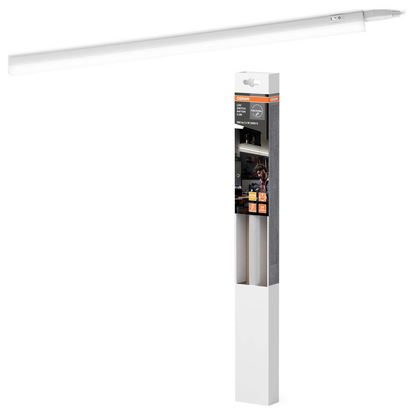 Visuomeninis LED šviestuvas OSRAM SWITCH BATTEN, 4W, 3000K, 450lm, su jungikliu, 30 cm