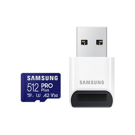 Samsung | PRO Plus microSD Card with USB Adapter | 512 GB | MicroSDXC | Flash memory class U3, V30, A2|MB-MD512SB/WW