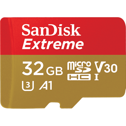 Atm.kort. SANDISK Extreme microSDHC 32GB +adapteris, 100MB/s, U3, C10, V30, UHS-I/SDSQXAF-032G-GN6AA