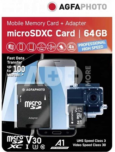 AgfaPhoto MicroSDXC UHS-I 64GB High Speed C10 U3 V30 + Adapter
