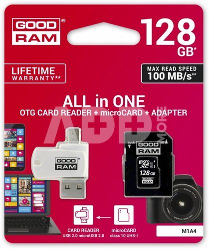 GOODRAM MicroSDHC card 128GB CL10 + adapter + reader
