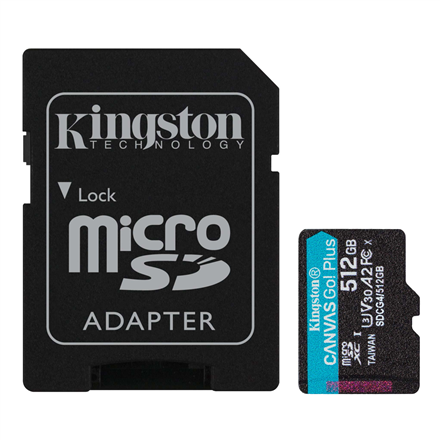 Micro SD Kingston  Canvas Go! Plus  512 GB  microSD  Flash memory class Class 10, UHS-I, U3, V30