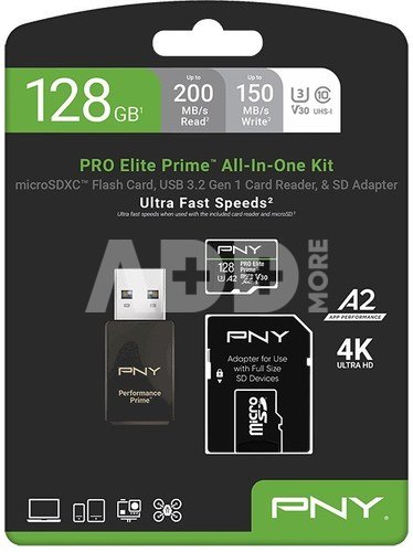 PNY Memory card microSDXC Elite Prime 128GB + adapter SD + USB-A card reader