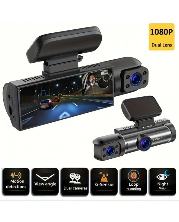 1080P dviguba kamera, Dash Cam automobiliams, priekinė ir vidinė, automobilio kamera su IR naktiniu matymu, plataus kampo