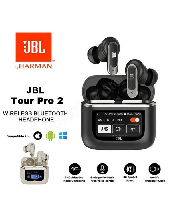 JBL Tour Pro 2 Tikrai belaidės "Bluetooth" triukšmą slopinančios ausinės su LED išmaniuoju ekranu "Bluetooth" ausinės JBL Tour