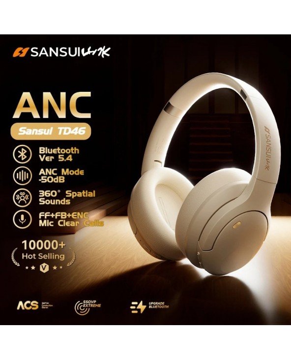 „Sansui TD46 ANC“ belaidės „Bluetooth 5.4“ ausinės 50 dB aktyvaus triukšmo slopinimo ausinės