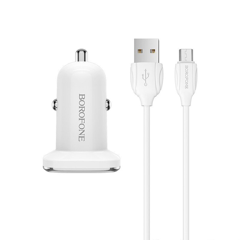 Automobilinis įkroviklis Borofone BZ12A Quick Charge 3.0 + MicroUSB baltas