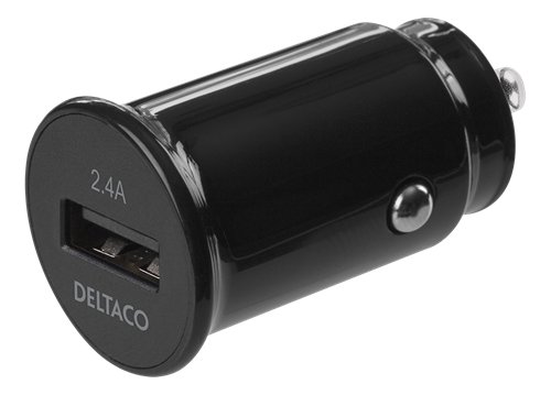 Kompaktiško dydžio DELTACO 12/24 V USB automobilinis įkroviklis su 1x USB-A jungtimi, USB-CAR123