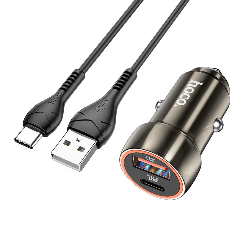 Automobilinis įkroviklis Hoco Z46A USB-A/Type-C PD20W+QC3.0 + Type-C pilkas