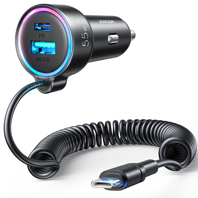 Automobilinis įkroviklis Joyroom JR-CL07 3-in-1 USB/Type-C 55W + Type-C 1.5m juodas