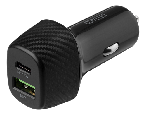 Įkroviklis DELTACO 1x USB-C, 1x USB-A, 18 W, juodas / USBC-CAR120