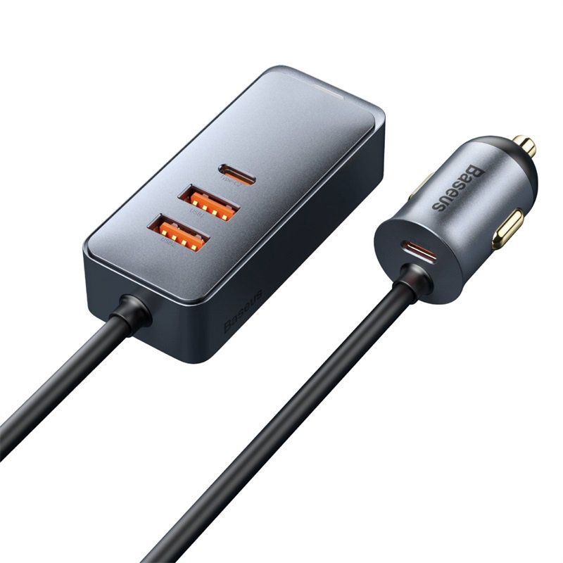 Automobilinis ilgiklis - įkroviklis 12-24V 120W 2xUSB + 2xUSB-C, pilkas