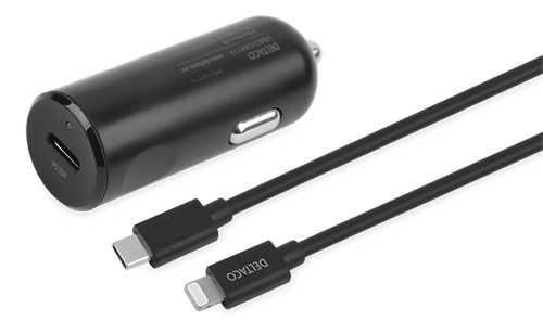 Auto įkroviklis DELTACO 12/24 V, 20W  su USB-C - iPhone Lightning 1m kabeliu, juodas / USBC-CAR124