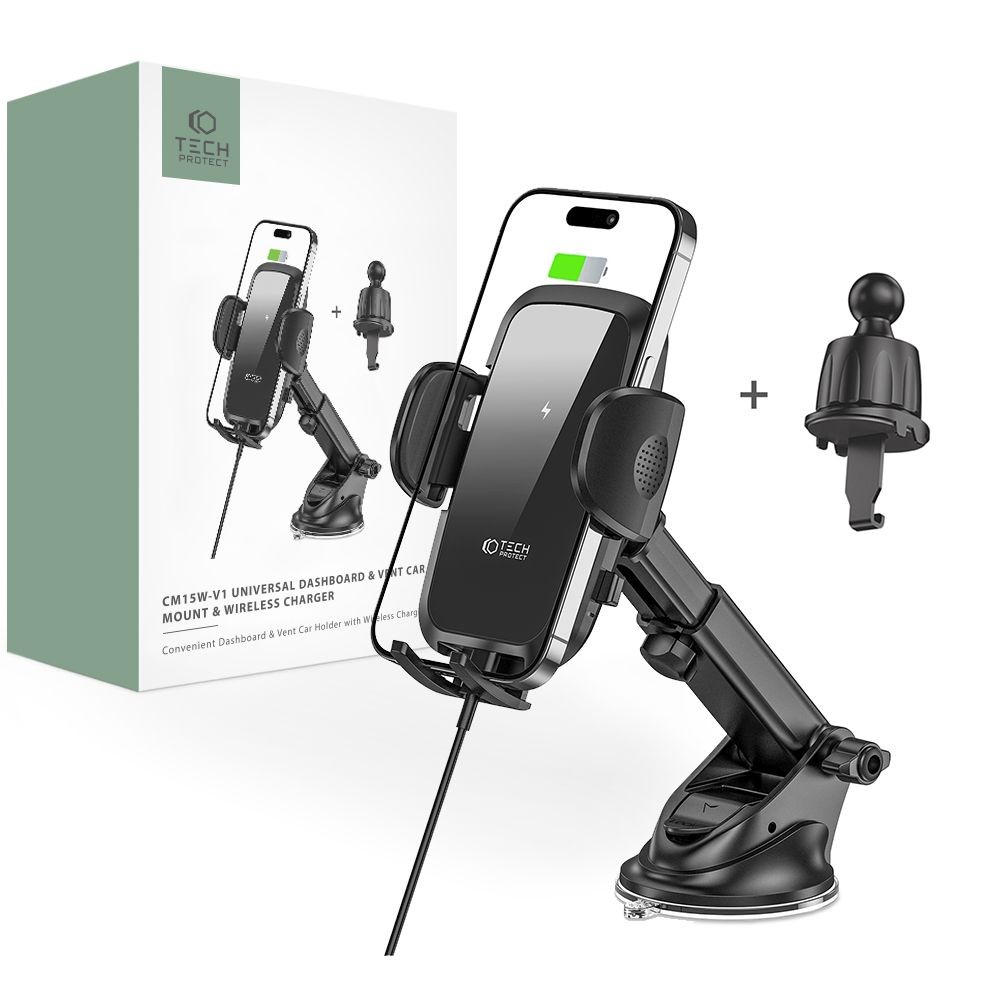 Automobilinis telefono laikiklis "Tech-Protect CM15W-V1 Dashboard & Vent Car Mount Wireless Charger 15W"