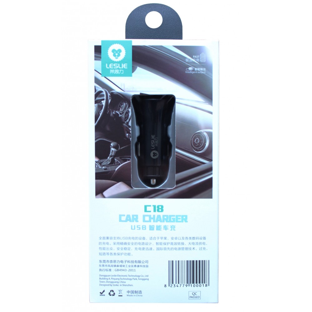 Juodas automobilinis įkroviklis "Leslie" C18 su 2 USB jungtimis 2.4A (1A+2A)