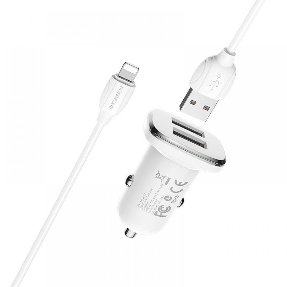 Automobilinis įkroviklis Borofone BZ12 USB + Lightning (2.4A) baltas