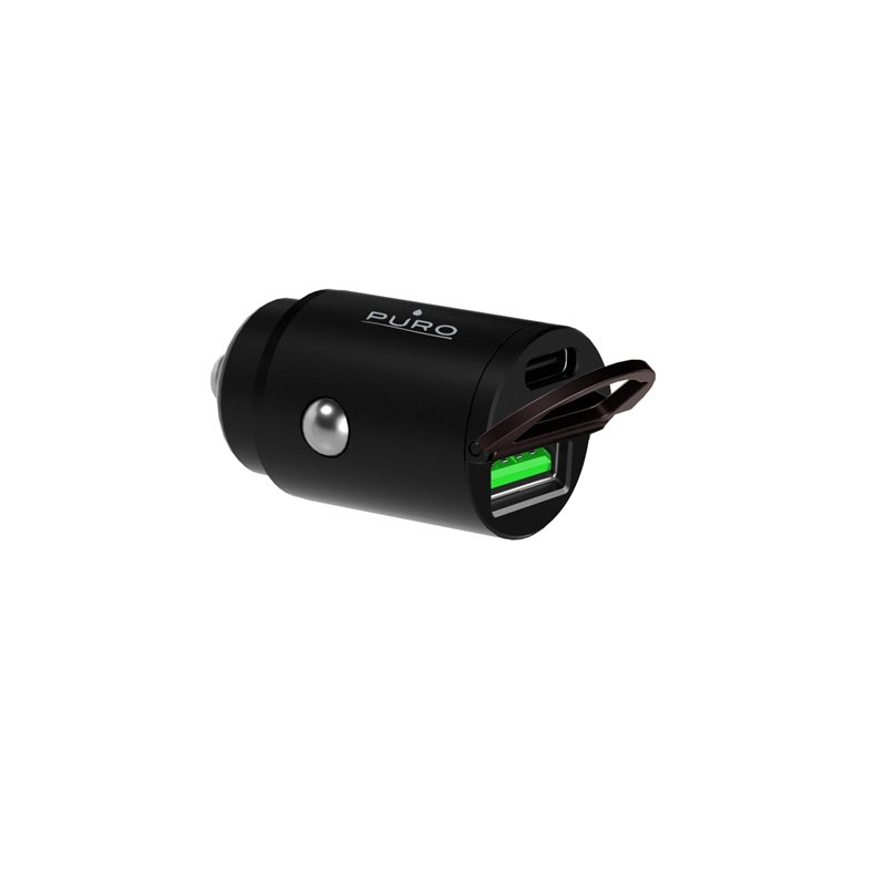 Auto mini įkroviklis PURO greitas įkrovimas 1 x UAB-A, 1 x USB-C, PD, 30W, juodas/ FCMCHUSBAC30WBLK