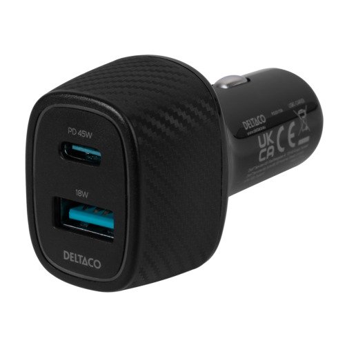 Auto įkroviklis DELTACO 1x USB-A 18 W, 1x USB-C PD 45 W, bendras 63 W, juodas / USBC-CAR123