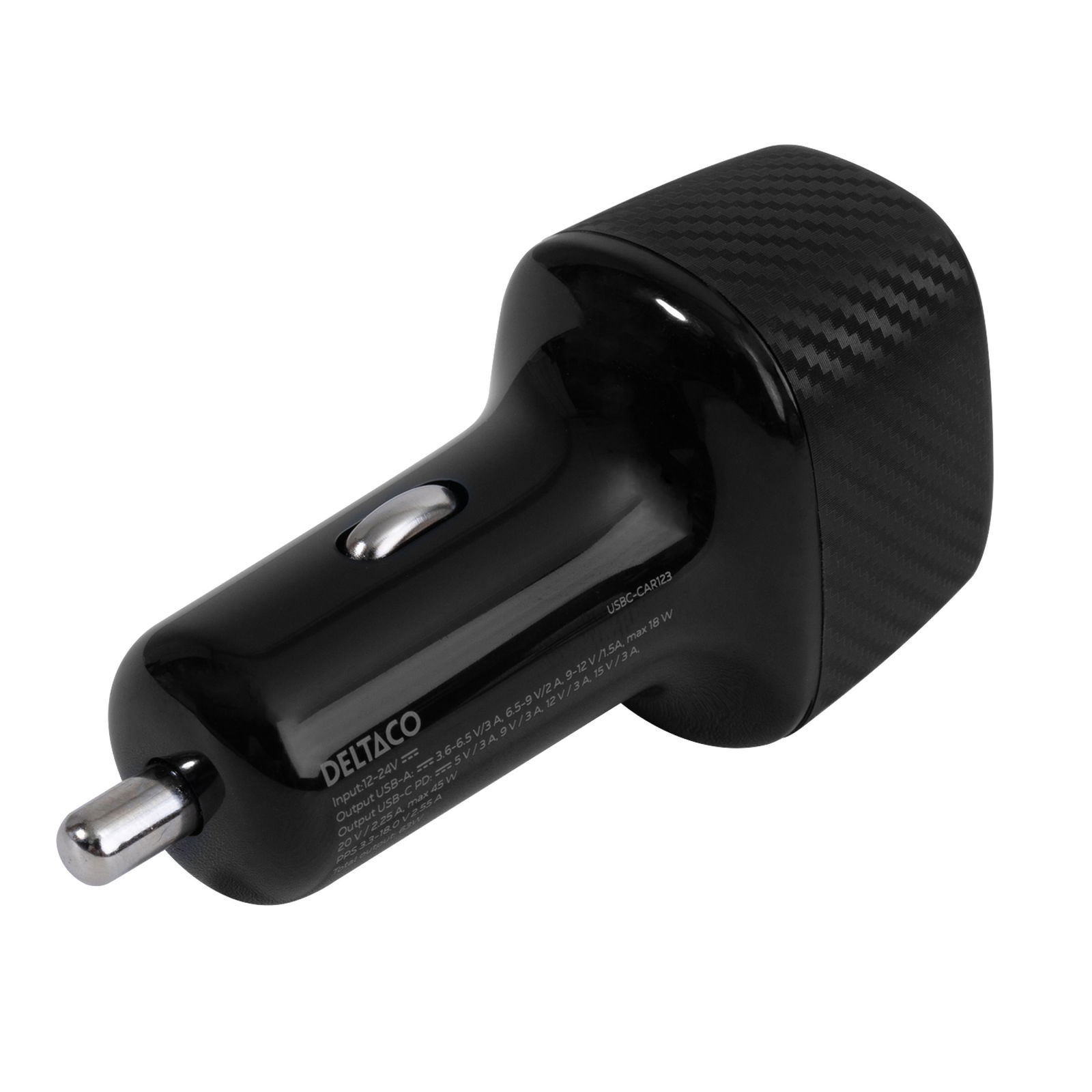 Automobilinis įkroviklis DELTACO, 1x USB-A (18 W) ir 1x USB-C (45 W),USBCCAR123,juodos sp.