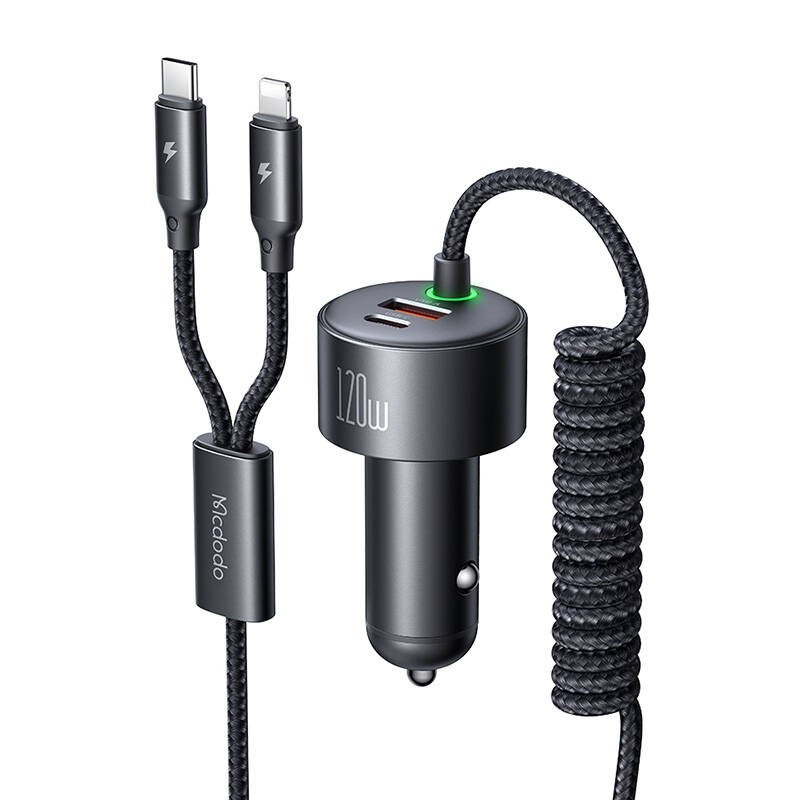 "Mcdodo" automobilinis įkroviklis CC-0370, USB-C, "Lightning", 120 W, ištraukiami kabeliai