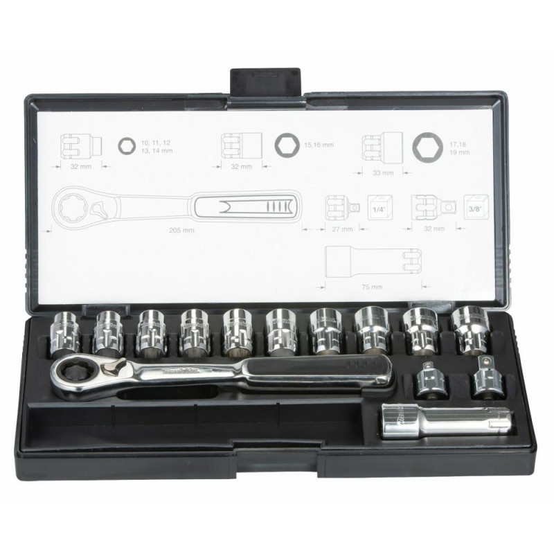B-65595 MAKITA Galvučių rinkinys + veržliarakčių rinkinys su adapteriu 1/4" 3/8" 14 vnt.