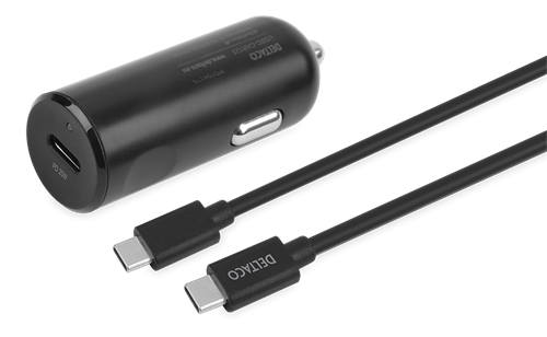 Automobilinis įkroviklis DELTACO,USB-C PD, 20W su USB-C laidu (1m),USBC-CAR125, juodos sp.