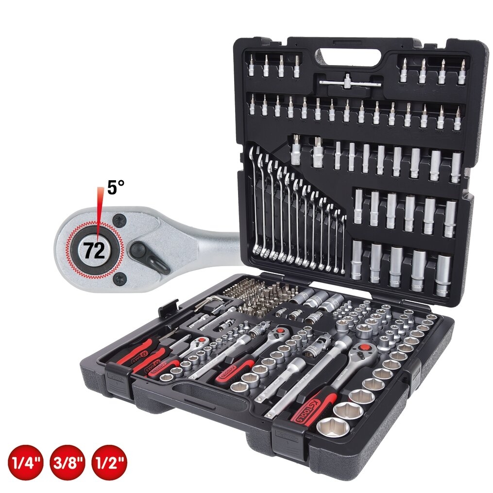 KS TOOLS Raktų, terkšlių ir galvučių rinkinys  1/4"+3/8"+1/2", 216 dalių