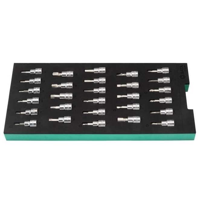 SATA Padėklas. Galvučių su antgaliais rinkinys 3/8" (pl./PH/PZ/HEX/torx) 28vnt.