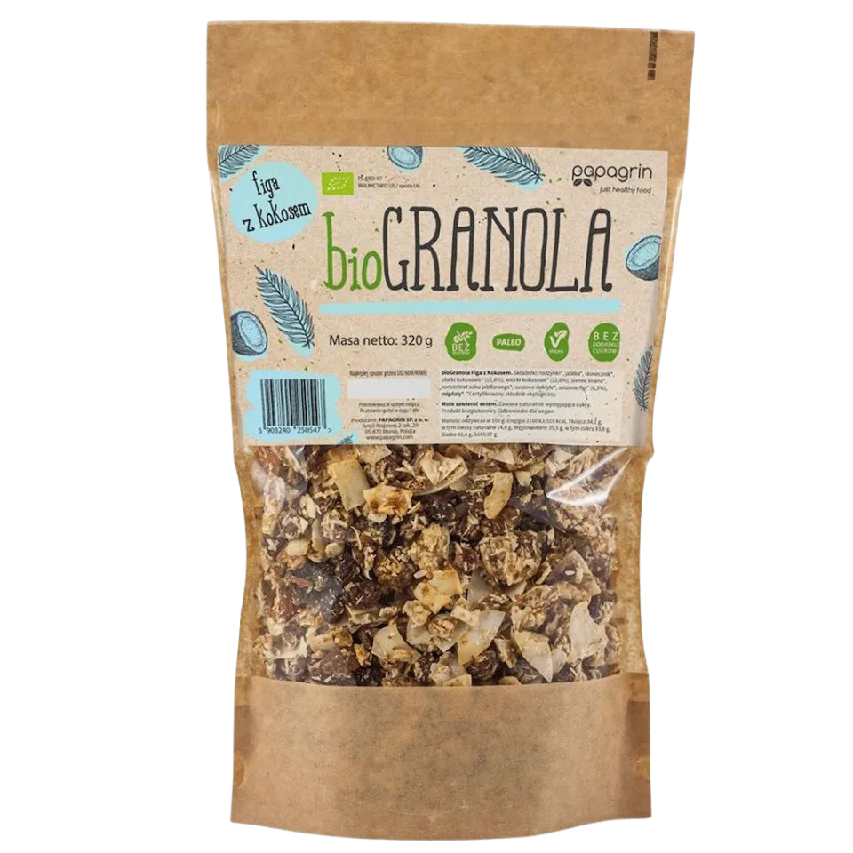 Ekologišja granola su figomis ir kokosais, be glitimo | Papagrin (320 g)