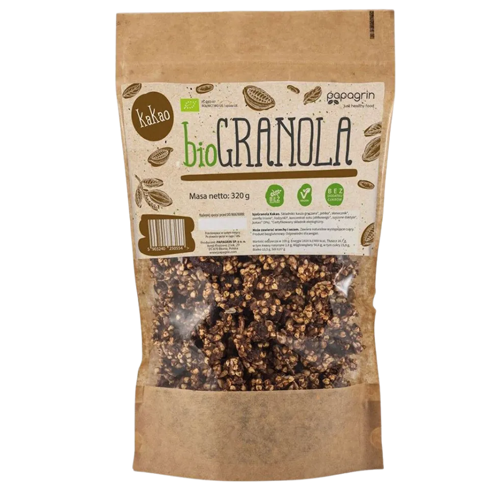 Ekologiška kakavos skonio grikių granola su figomis ir kokosais | Papagrin (320 g)