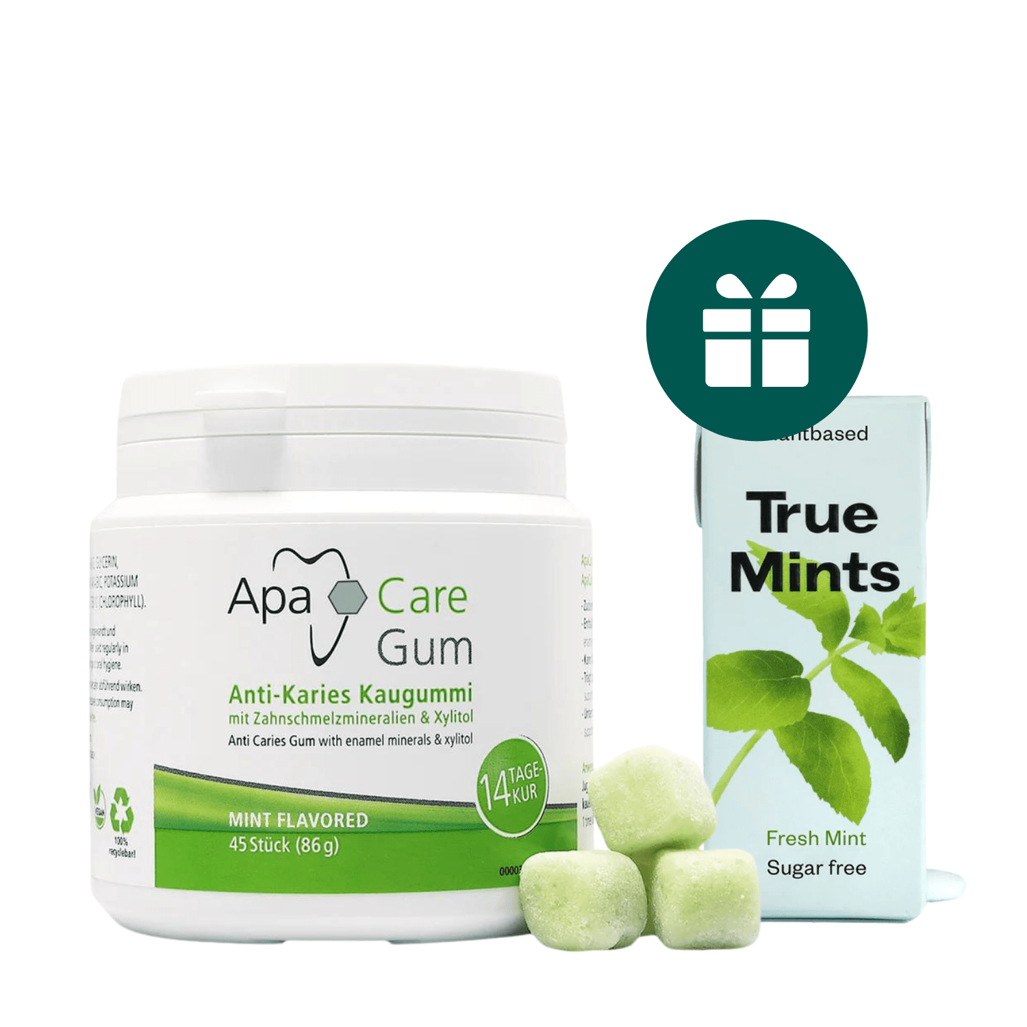 AKCIJA 1+1: "ApaCare Gum" kramtomoji guma su ksilitoliu ir dantų emalio mineralais (45 vnt.) + DOVANA "True Mints" pastilės su ksilitoliu (20 vnt.)