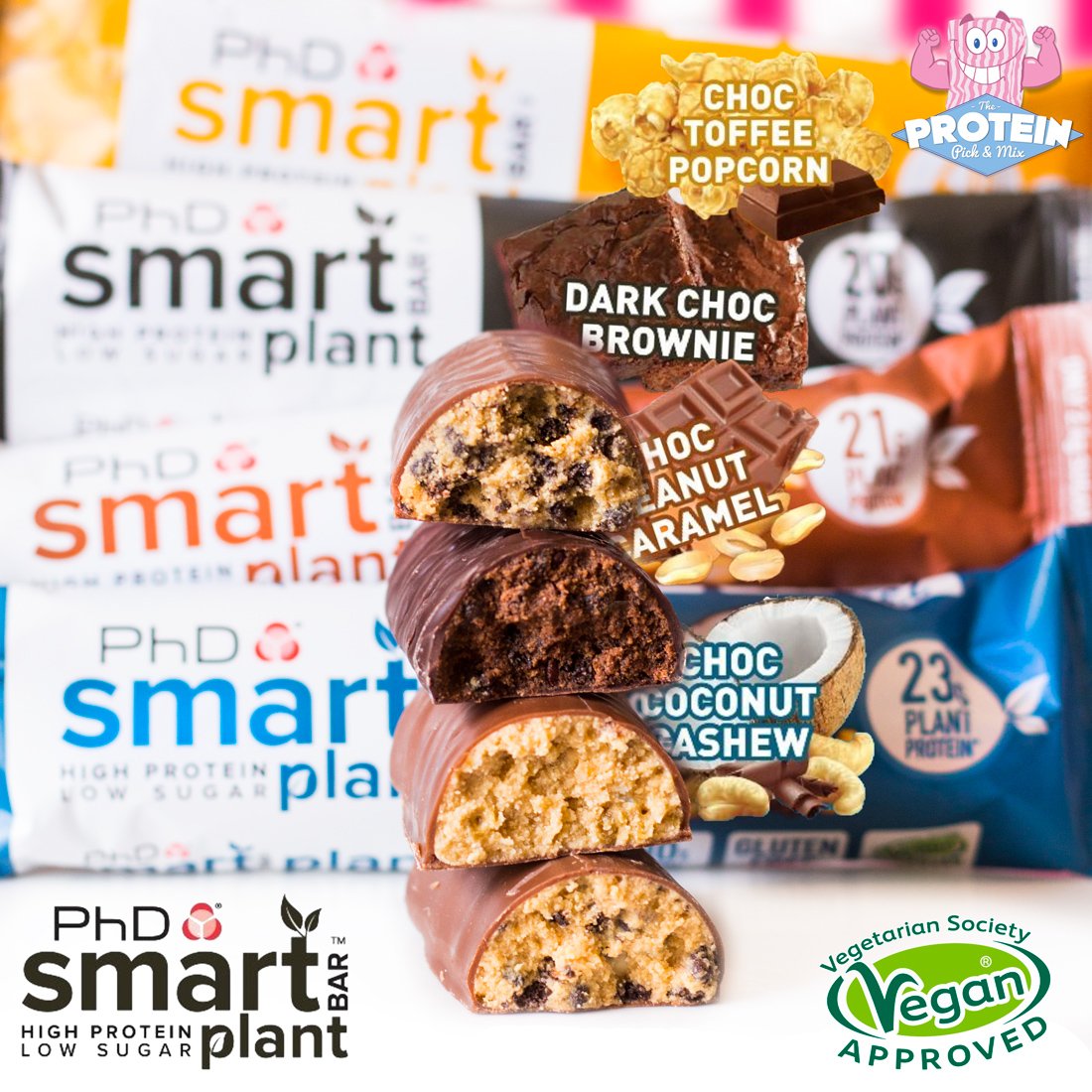 "Smart Plant Bar Choc Toffee Popocorn" Veganiškas Proteino Batonėlis 'PhD Nutrition' (64g/21g balt)