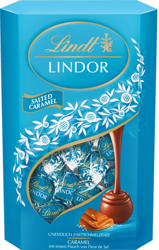 Lindt LINDOR pieniško šokoladai rutuliukai su karamelės įdaru ir jūros druska, 200g