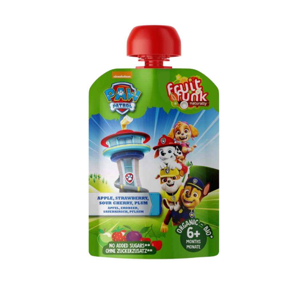 Ekologiška švelni obuolių, braškių, vyšnių ir slyvų tyrelė, be pridėtinio cukraus | FruitFunk (90 g)