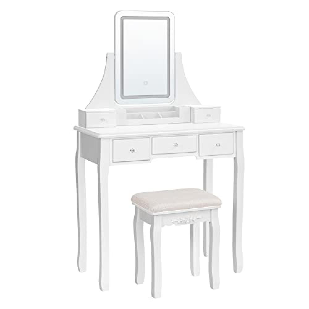 Kosmetinis staliukas su LED apšvietimu, 360° besisukantis veidrodis, 5 stalčiai, 90x40x137,5 cm