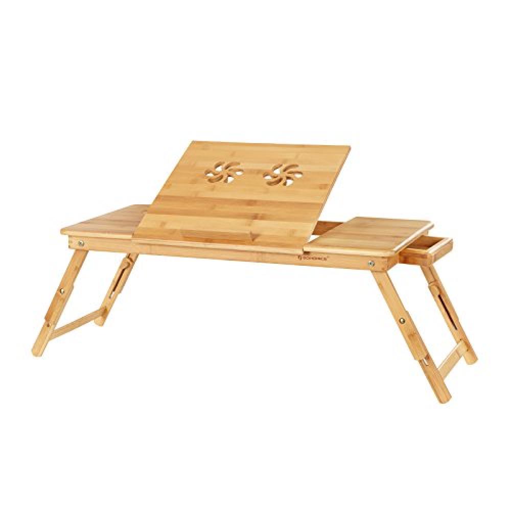 Sulankstomas bambukinis nešiojamojo kompiuterio stalas su reguliuojamu aukščiu ir stalčiuku, 71.5x35x(21-29) cm